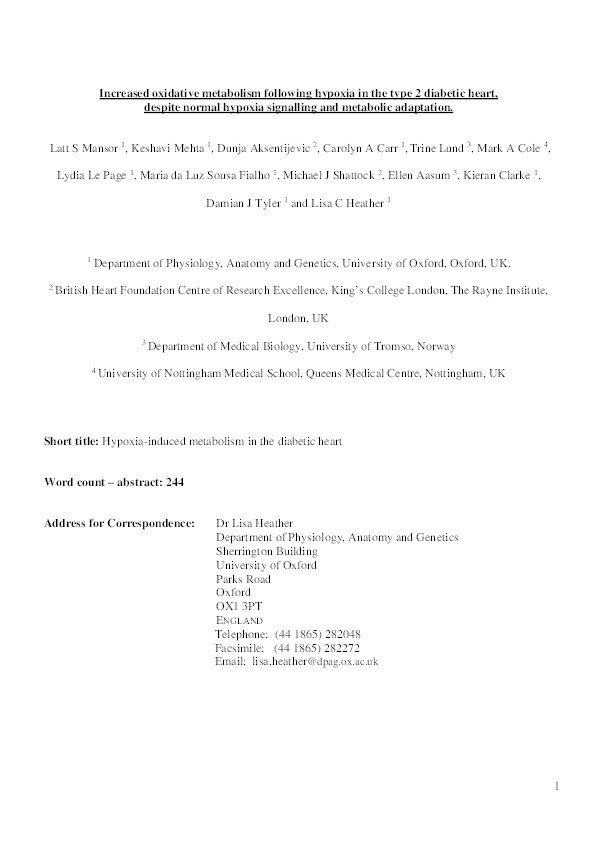 Increased oxidative metabolism following hypoxia in the type 2 diabetic heart, despite normal hypoxia signalling and metabolic adaptation Thumbnail