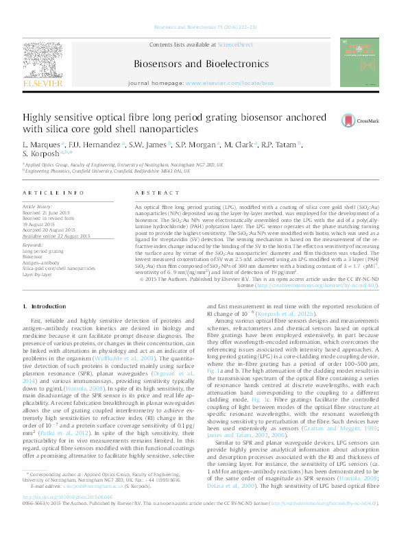 Highly sensitive optical fibre long period grating biosensor anchored with silica core gold shell nanoparticles Thumbnail