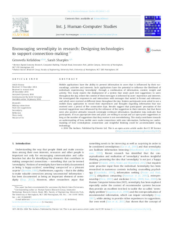 Encouraging serendipity in research: designing technologies to support connection-making Thumbnail
