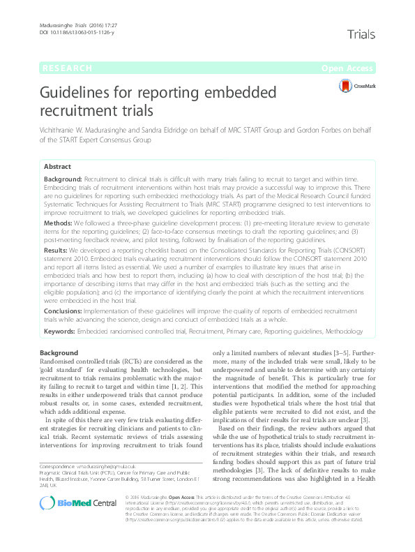 Guidelines for reporting embedded recruitment trials Thumbnail