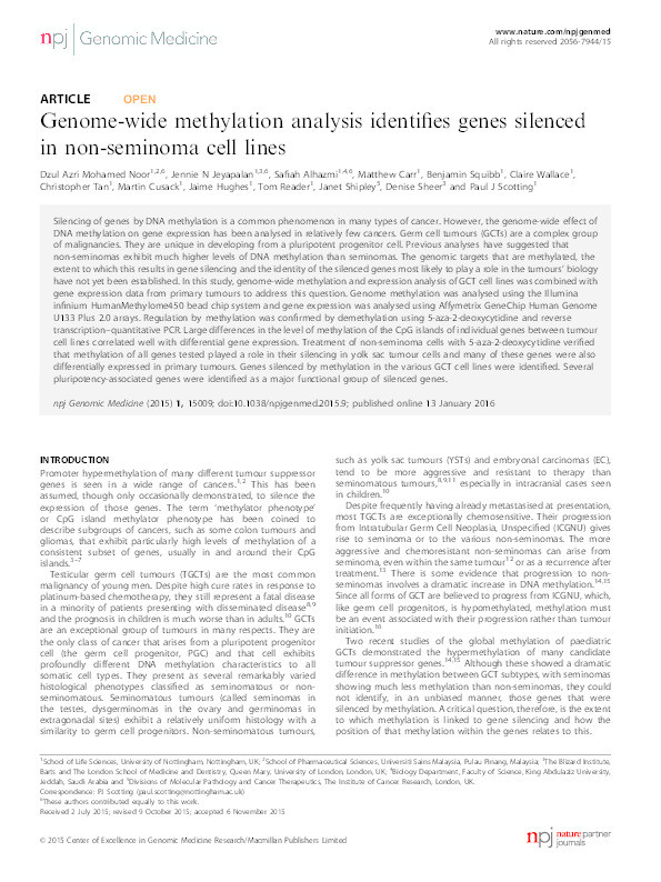 Genome-wide methylation analysis identifies genes silenced in non-seminoma cell lines Thumbnail