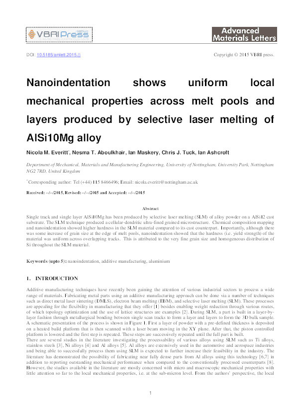 Nanoindentation shows uniform local mechanical properties across melt pools and layers produced by selective laser melting of AlSi10Mg alloy Thumbnail