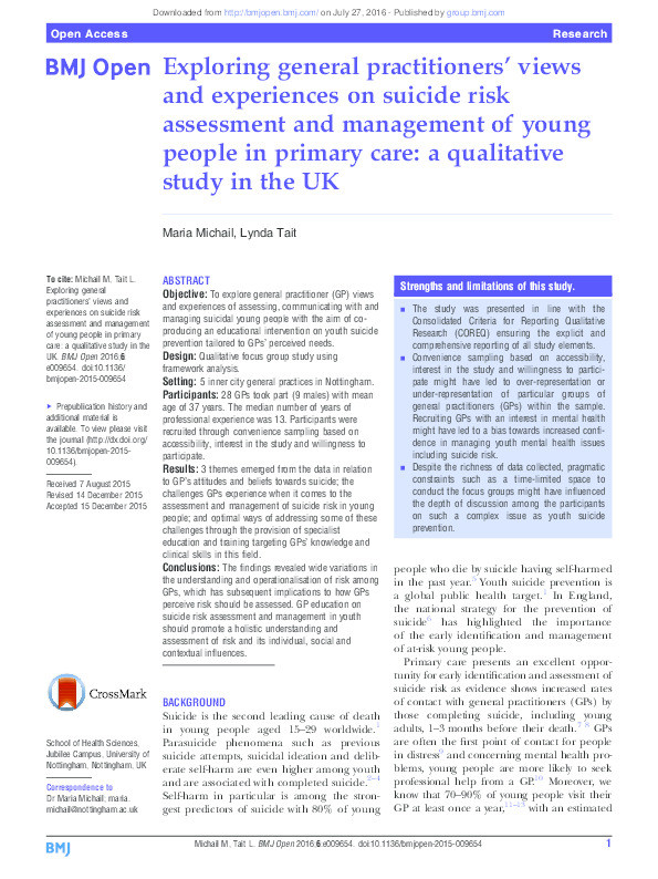Exploring general practitioners’ views and experiences on suicide risk assessment and management of young people in primary care: a qualitative study in the UK Thumbnail