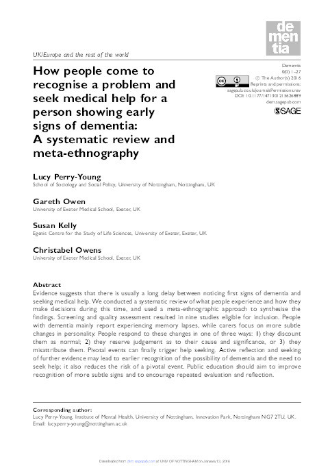 How people come to recognise a problem and seek medical help for a person showing early signs of dementia: a systematic review and meta-ethnography Thumbnail