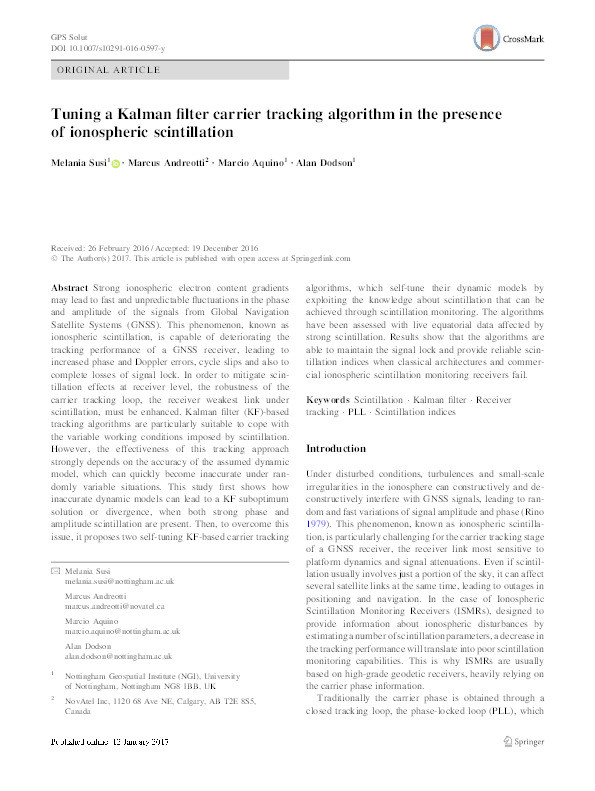 Tuning a Kalman filter carrier tracking algorithm in the presence of ionospheric scintillation Thumbnail
