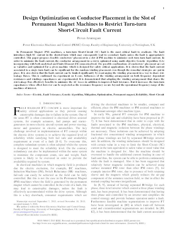 Design optimization on conductor placement in the slot of permanent magnet machines to restrict turn-turn short-circuit fault current Thumbnail