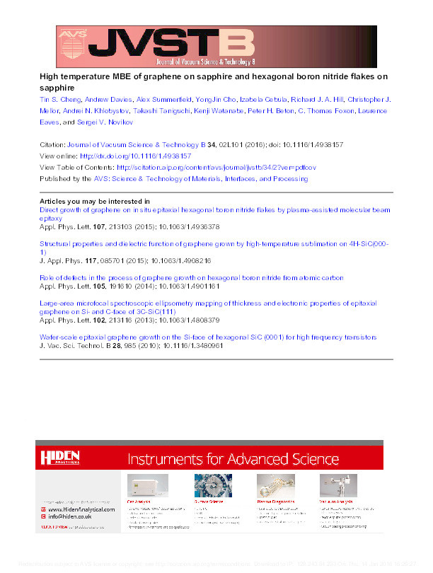 High temperature MBE of graphene on sapphire and hexagonal boron nitride flakes on sapphire Thumbnail