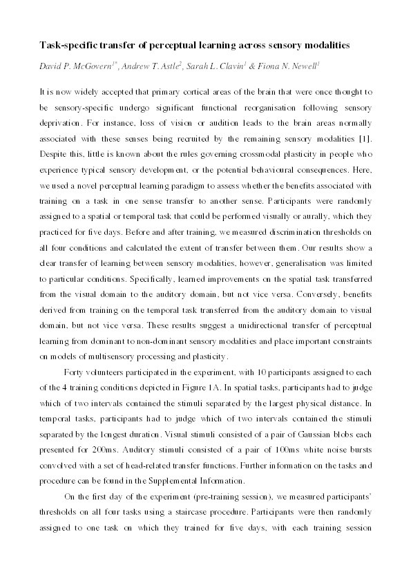 Task-specific transfer of perceptual learning across sensory modalities Thumbnail