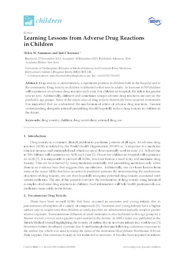 Learning lessons from adverse drug reactions in children Thumbnail