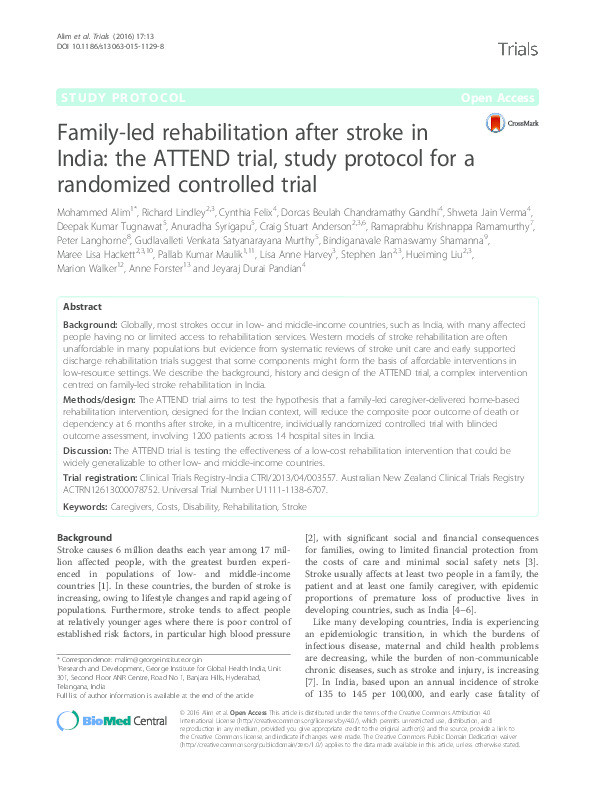 Family-led rehabilitation after stroke in India: the ATTEND trial, study protocol for a randomized controlled trial Thumbnail
