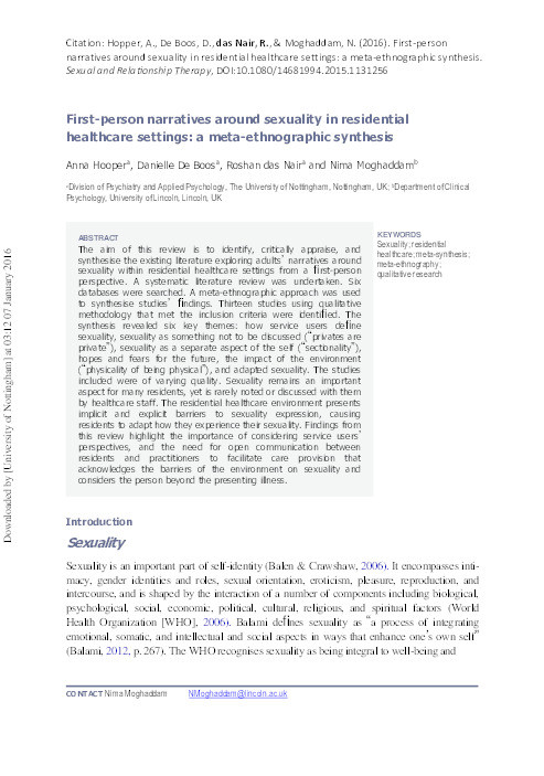 First-person narratives around sexuality in residential healthcare settings: a meta-ethnographic synthesis Thumbnail