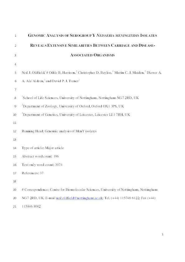 Genomic analysis of serogroup Y Neisseria meningitidis isolates reveals extensive similarities between carriage and disease-associated organisms Thumbnail
