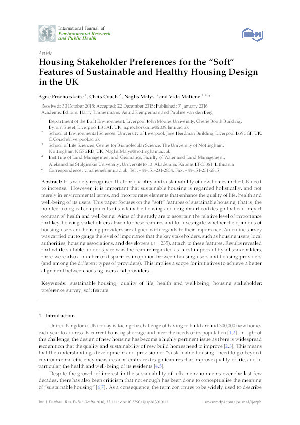 Housing stakeholder preferences for the “soft” features of sustainable and healthy housing design in the UK Thumbnail