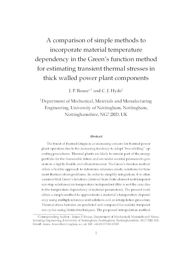 A comparison of simple methods to incorporate material temperature dependency in the Green’s function method for estimating transient thermal stresses in thick-walled power plant components Thumbnail