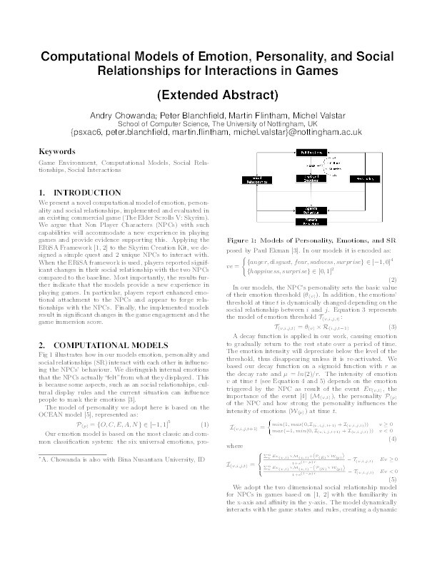 Computational models of emotion, personality, and social relationships for interactions in games Thumbnail