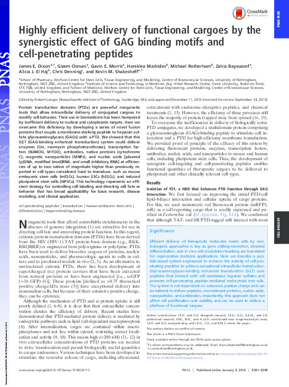 Highly efficient delivery of functional cargoes by the synergistic effect of GAG binding motifs and cell-penetrating peptides Thumbnail