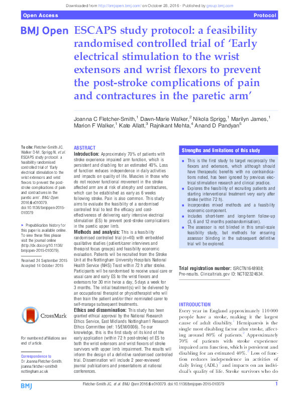 ESCAPS study protocol: a feasibility randomised controlled trial of ‘Early electrical stimulation to the wrist extensors and wrist flexors to prevent the post-stroke complications of pain and contractures in the paretic arm’ Thumbnail