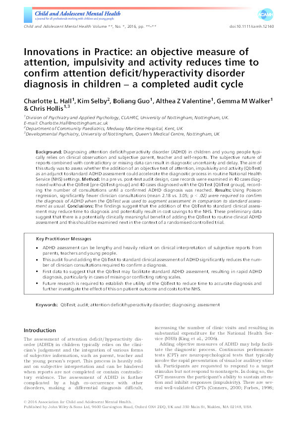 Innovations in practice: an objective measure of attention, impulsivity and activity reduces time to confirm attention deficit/hyperactivity disorder diagnosis in children: a completed audit cycle Thumbnail