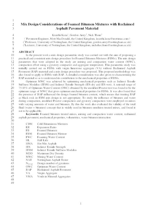 Mix design considerations of foamed bitumen mixtures with reclaimed asphalt pavement material Thumbnail