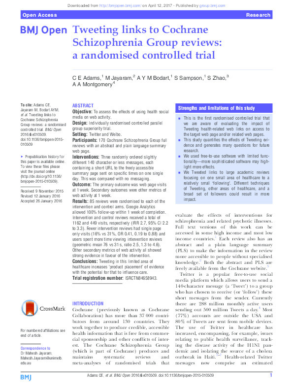 Tweeting links to Cochrane Schizophrenia Group reviews: a randomised controlled trial Thumbnail