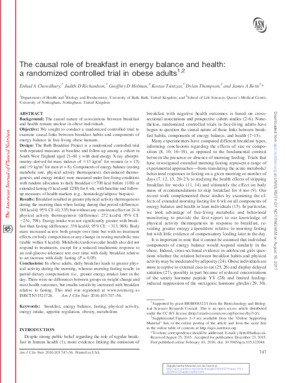 The causal role of breakfast in energy balance and health: a randomized controlled trial in obese adults Thumbnail
