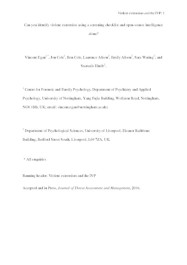 Can you identify violent extremists using a screening checklist and open-source intelligence alone? Thumbnail