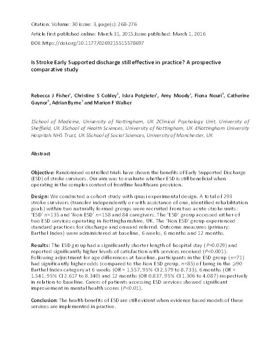 Is stroke early supported discharge still effective in practice? A prospective comparative study Thumbnail