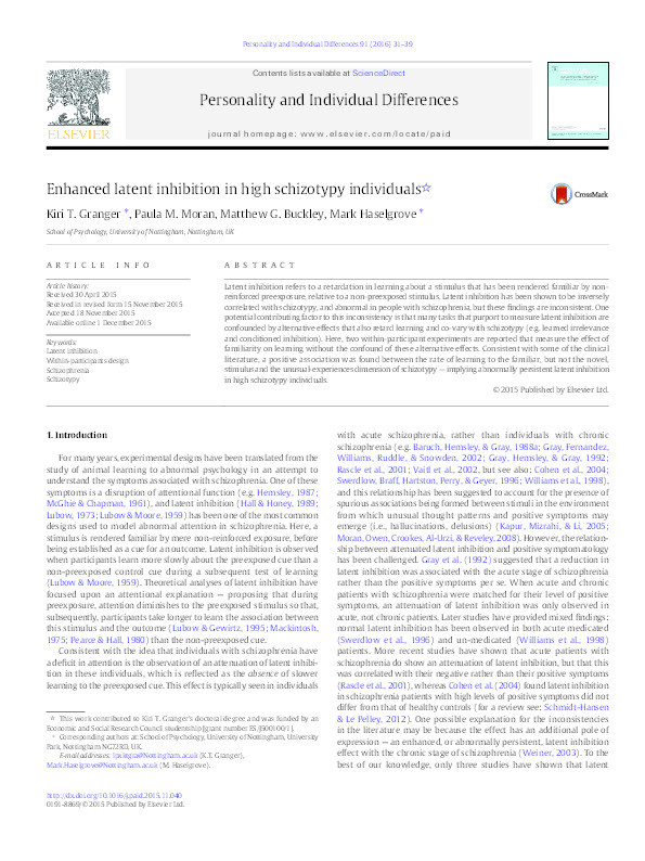 Enhanced latent inhibition in high schizotypy individuals Thumbnail