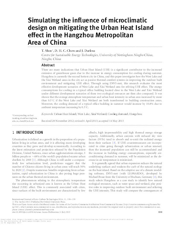 Simulating the influence of microclimatic design on mitigating the urban heat island effect in the Hangzhou metropolitan area of China Thumbnail