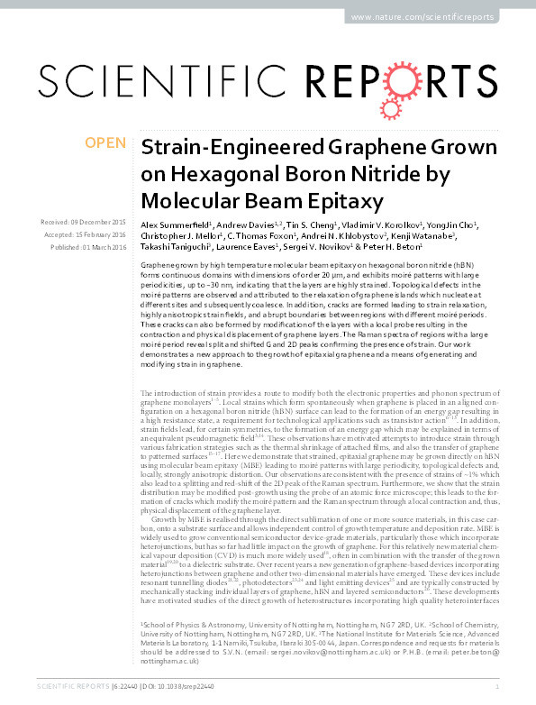 Strain-Engineered Graphene Grown on Hexagonal Boron Nitride by Molecular Beam Epitaxy Thumbnail