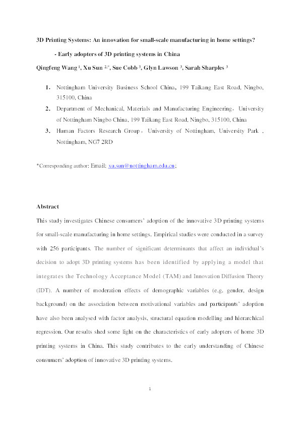 3D printing system: an innovation for small-scale manufacturing in home settings? – early adopters of 3D printing systems in China Thumbnail