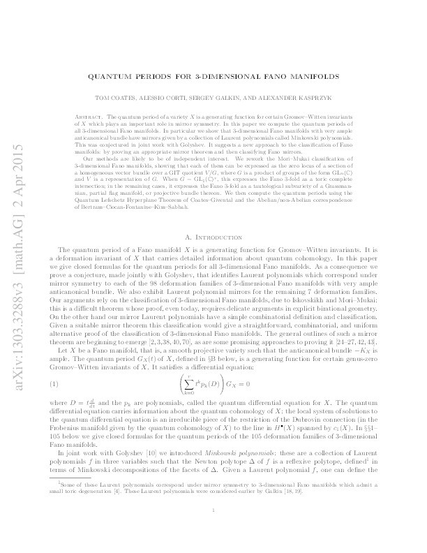 Quantum periods for 3-dimensional Fano manifolds Thumbnail