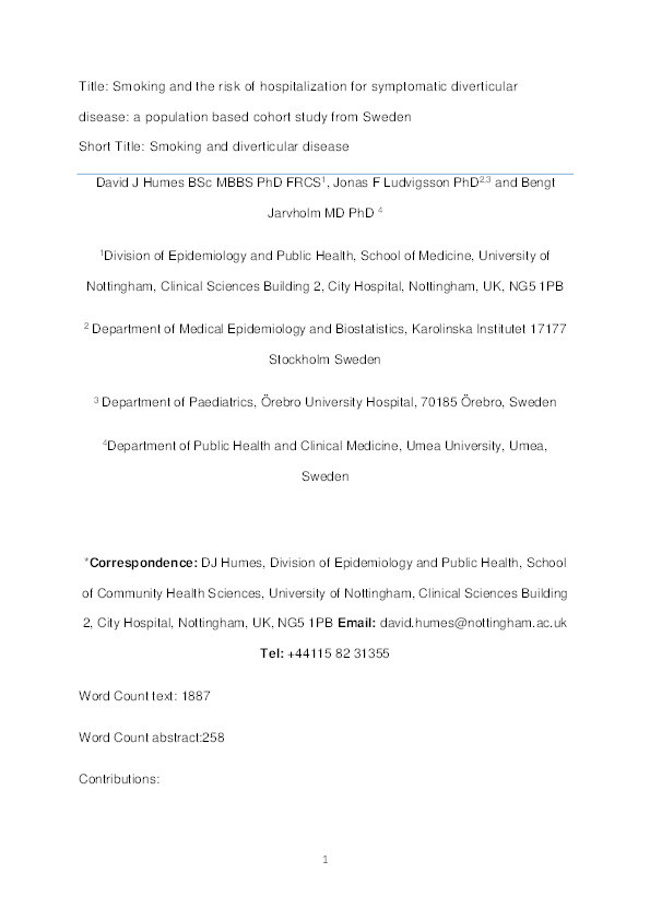 Smoking and the risk of hospitalization for symptomatic diverticular disease: a population-based cohort study from Sweden Thumbnail