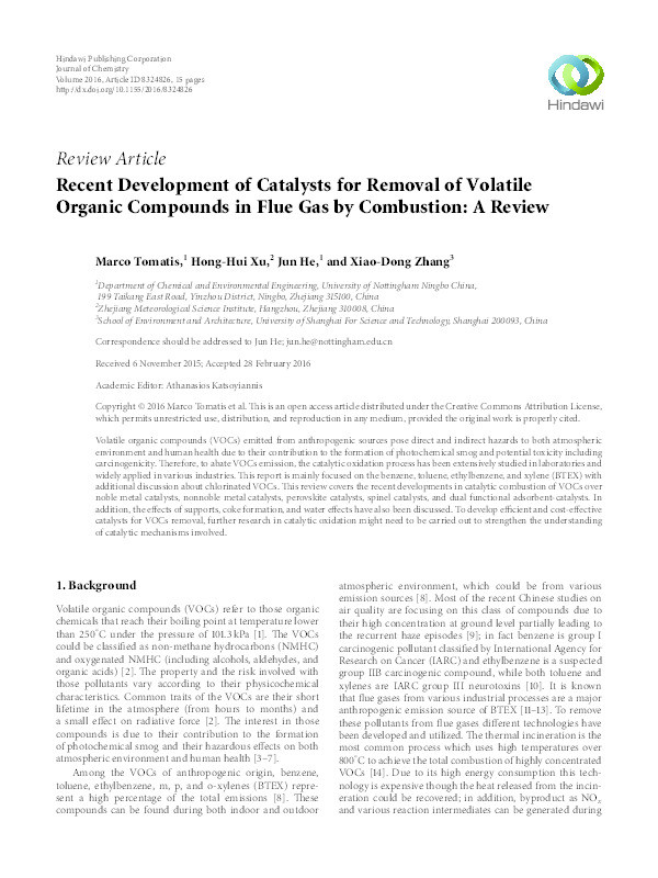 Recent development of catalysts for removal of volatile organic compounds in flue gas by combustion: a review Thumbnail