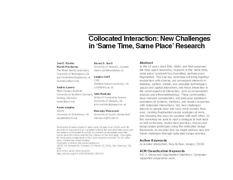 Collocated interaction: new challenges in ‘same time, same place’ research Thumbnail