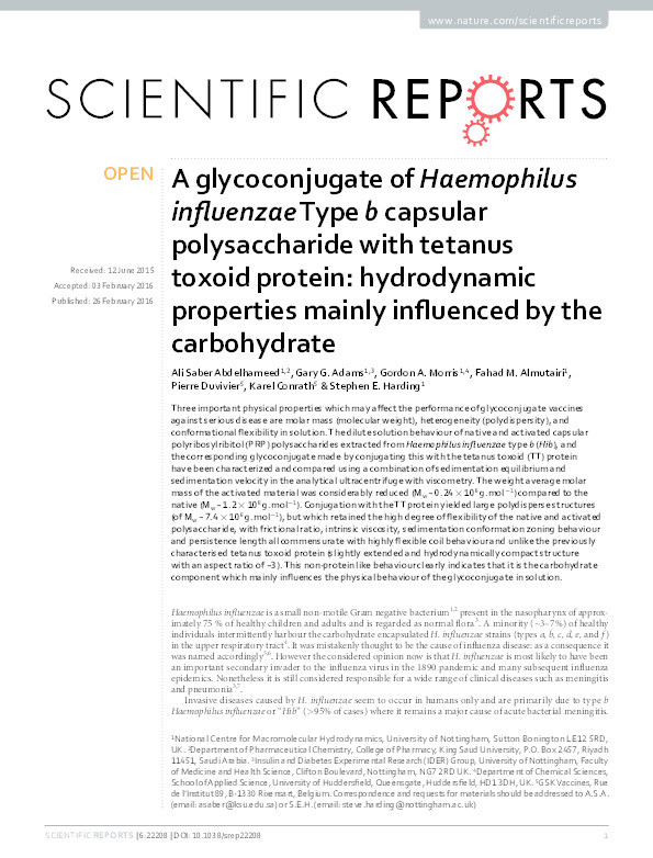 A glycoconjugate of Haemophilus influenzae Type b capsular polysaccharide with tetanus toxoid protein: hydrodynamic properties mainly influenced by the carbohydrate Thumbnail