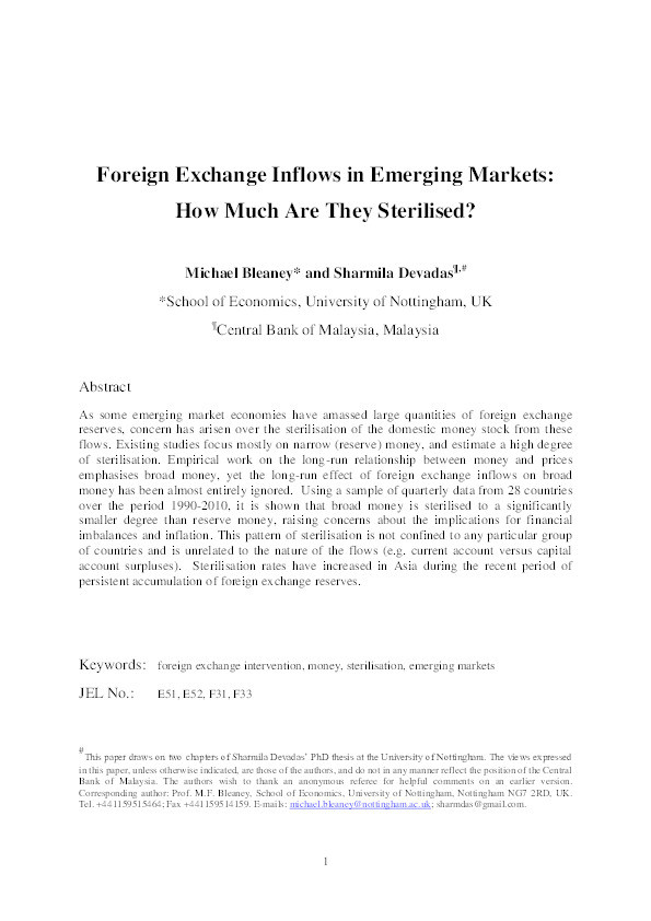 Foreign exchange inflows in emerging markets: how much are they sterilised? Thumbnail