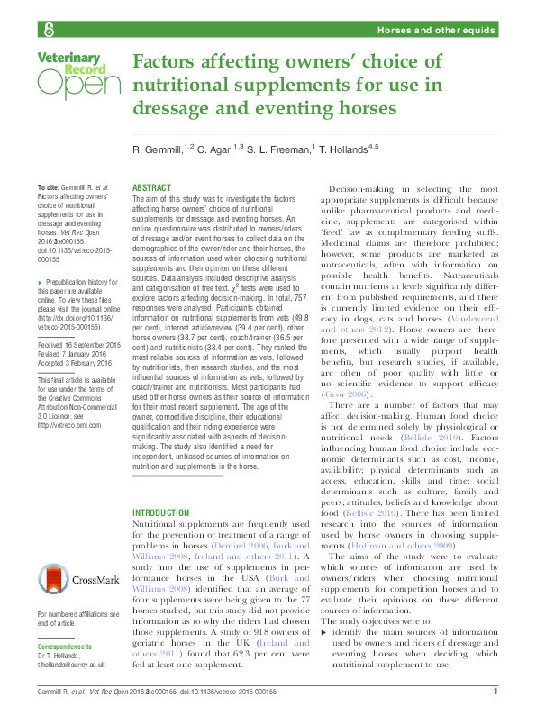 Factors affecting owners’ choice of nutritional supplements for use in dressage and eventing horses Thumbnail