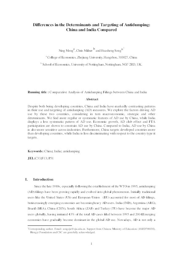 Differences in the determinants and targeting of anti-dumping: China and India compared Thumbnail