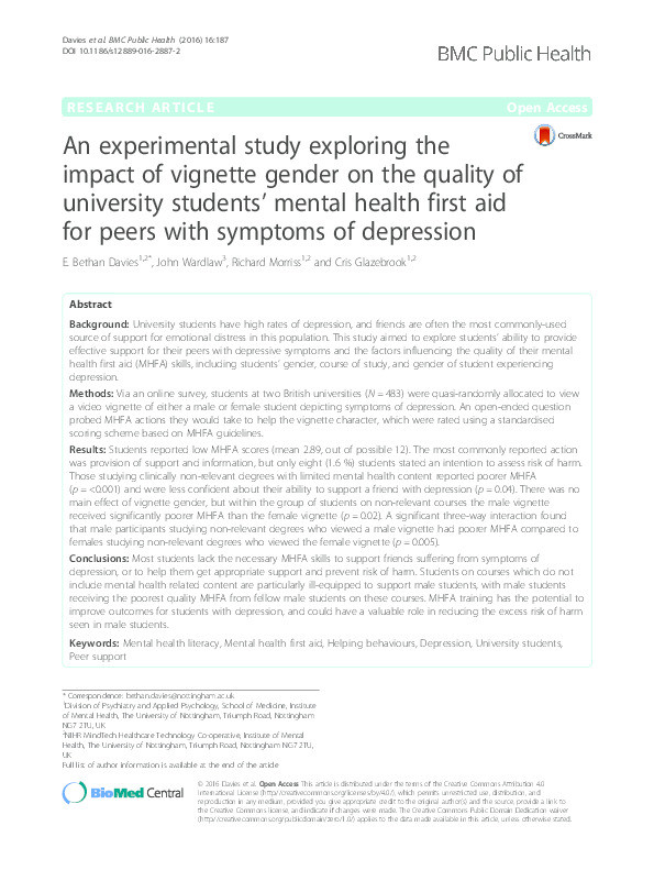 An experimental study exploring the impact of vignette gender on the quality of university students’ mental health first aid for peers with symptoms of depression Thumbnail