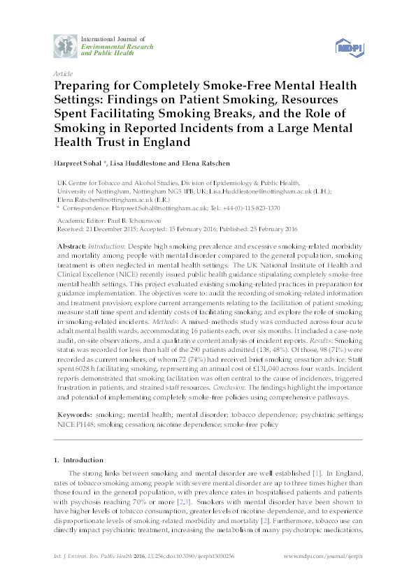 Preparing for completely smoke-free mental health settings: findings on patient smoking, resources spent facilitating smoking breaks, and the role of smoking in reported incidents from a large mental health trust in England Thumbnail