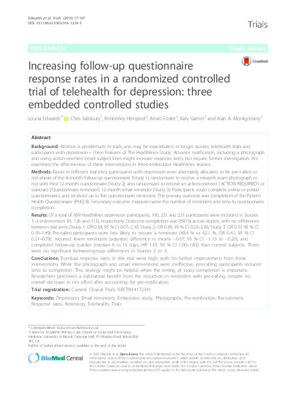 Increasing follow-up questionnaire response rates in a randomized controlled trial of telehealth for depression: three embedded controlled studies Thumbnail
