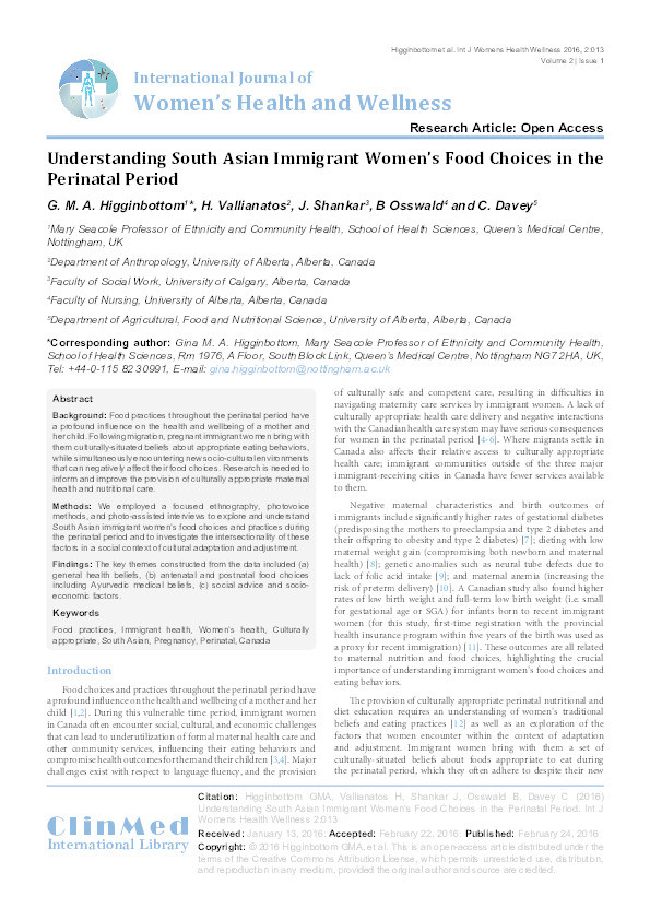 Understanding South Asian Immigrant Women's Food Choices in the Perinatal Period Thumbnail