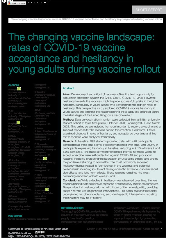 The changing vaccine landscape: rates of COVID-19 vaccine acceptance and hesitancy in young adults during vaccine rollout Thumbnail