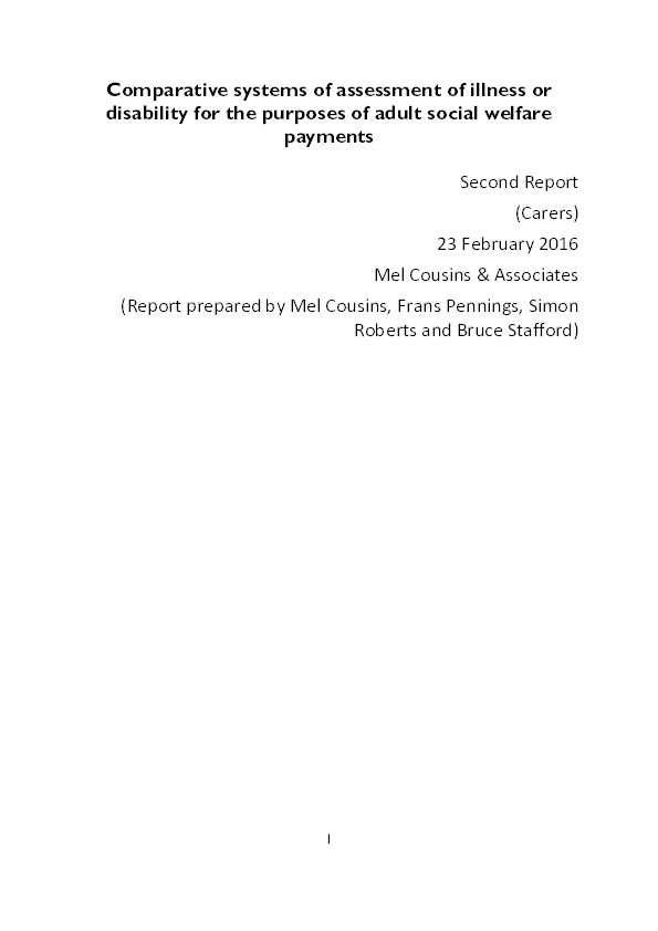 Comparative systems of assessment of illness or disability for the purposes of adult social welfare payments. Second report (Carers) Thumbnail