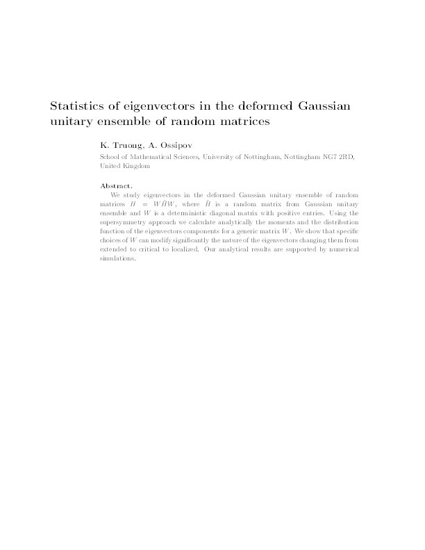 Statistics of eigenvectors in the deformed Gaussian unitary ensemble of random matrices Thumbnail