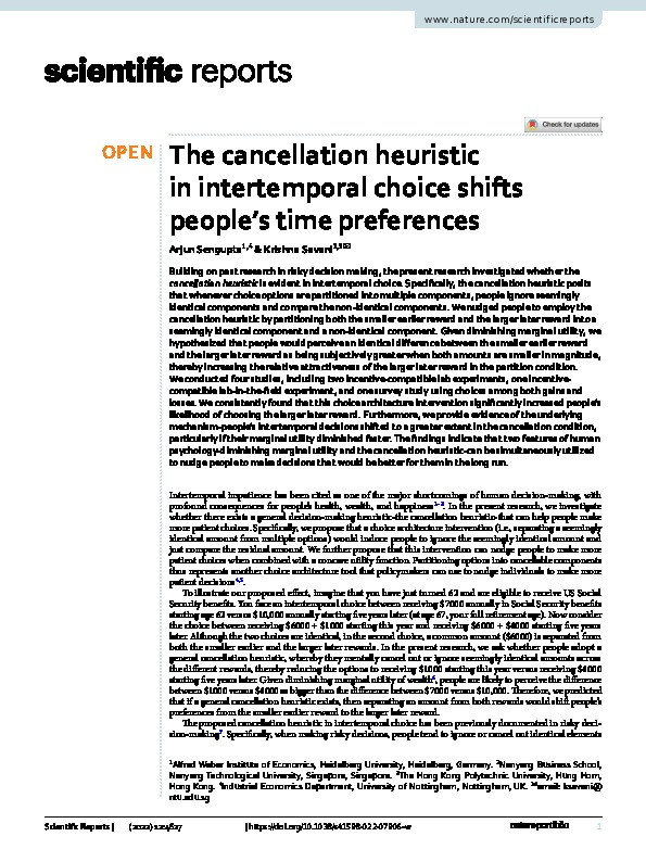 The cancellation heuristic in intertemporal choice shifts people’s time preferences Thumbnail