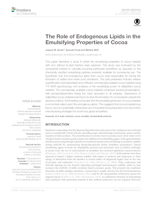 The role of endogenous lipids in the emulsifying properties of cocoa Thumbnail