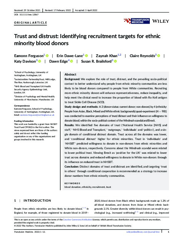Trust and distrust: Identifying recruitment targets for ethnic minority blood donors Thumbnail