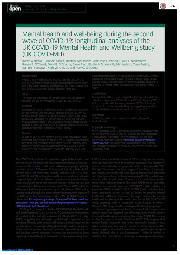 Mental health and well-being during the second wave of COVID-19: longitudinal analyses of the UK COVID-19 Mental Health and Wellbeing study (UK COVID-MH) Thumbnail